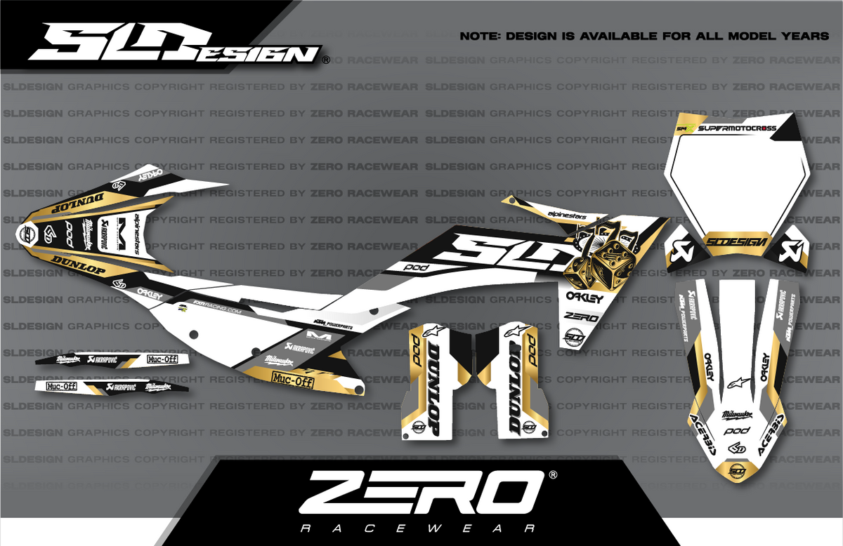 KTM SX/SX-F Graphics Kit #13 – White/Gold/Black by SLDesigns