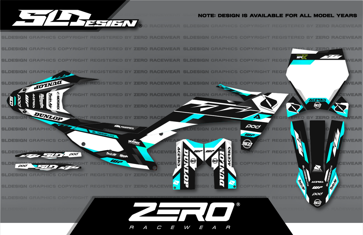 KTM SX/SX-F Graphics Kit #18 – White/Teal/Black by SLDesigns