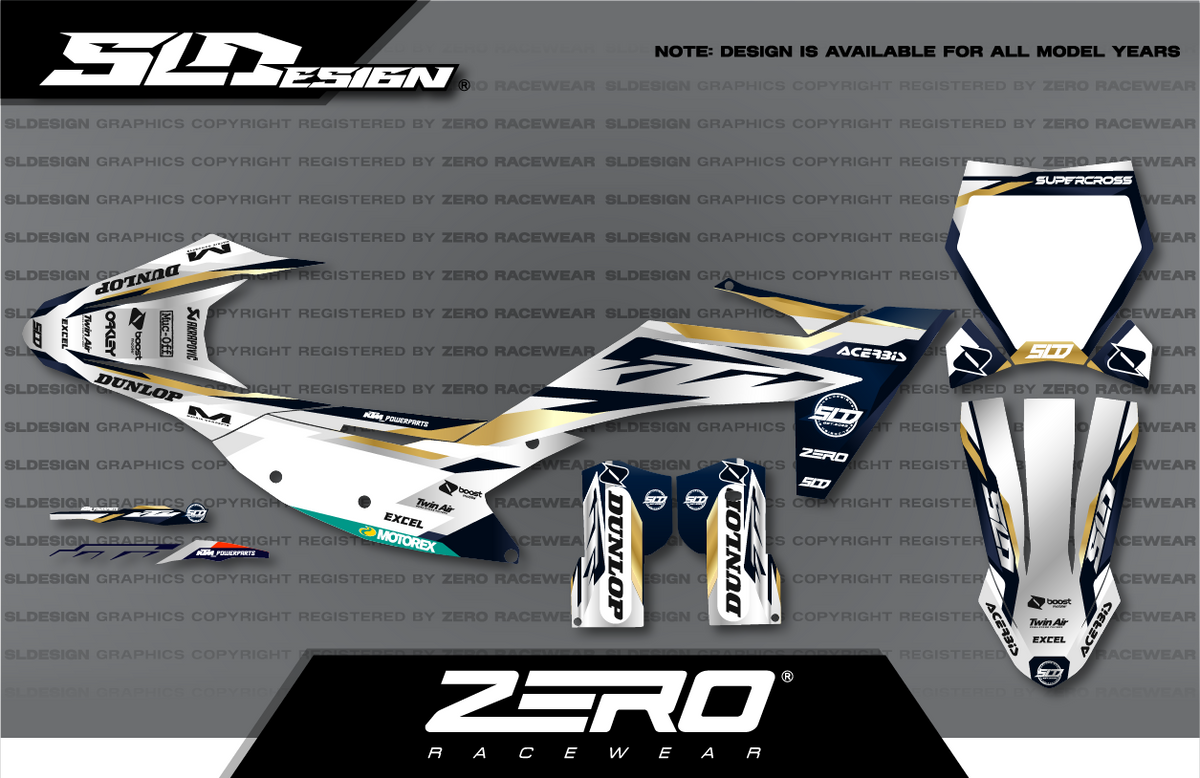 KTM SX/SX-F Graphics Kit #24 – White/Navy/Tan by SLDesigns