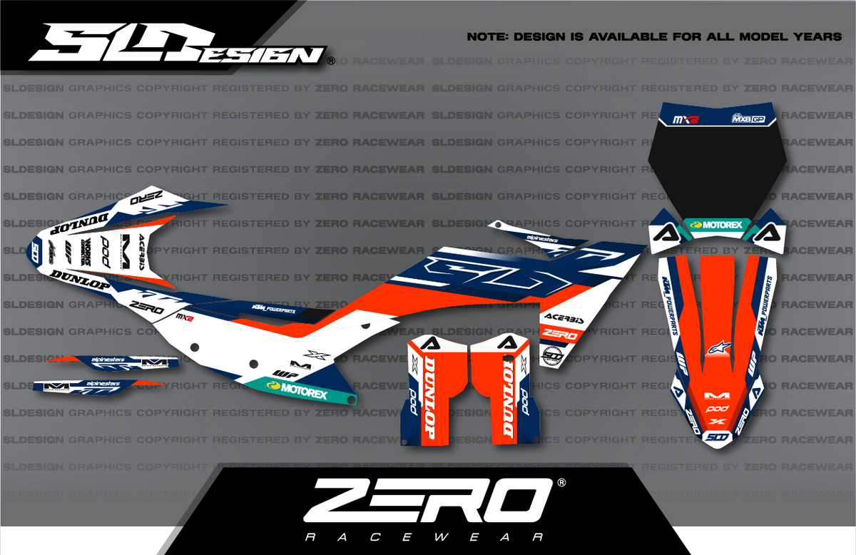 KTM SX/SX-F Graphics Kit #39 – White/Navy/Orange by SLDesigns