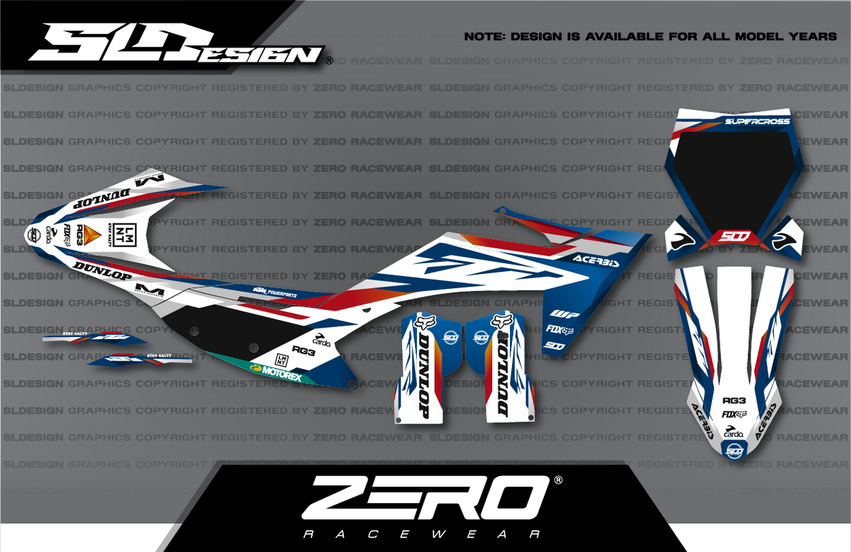 KTM SX/SX-F Graphics Kit #41 – White/Blue/Red by SLDesigns