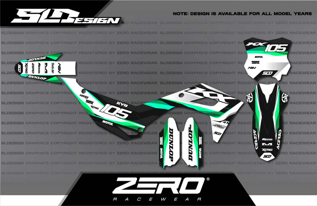 Kawasaki KX Graphics Kit #8 – White/Black/Teal by SLDesigns