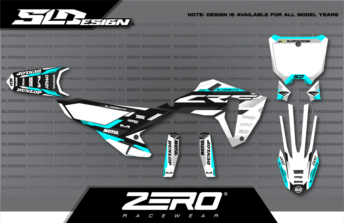 Honda CRF Graphics Kit #13 – White/Black/Teal by SLDesigns