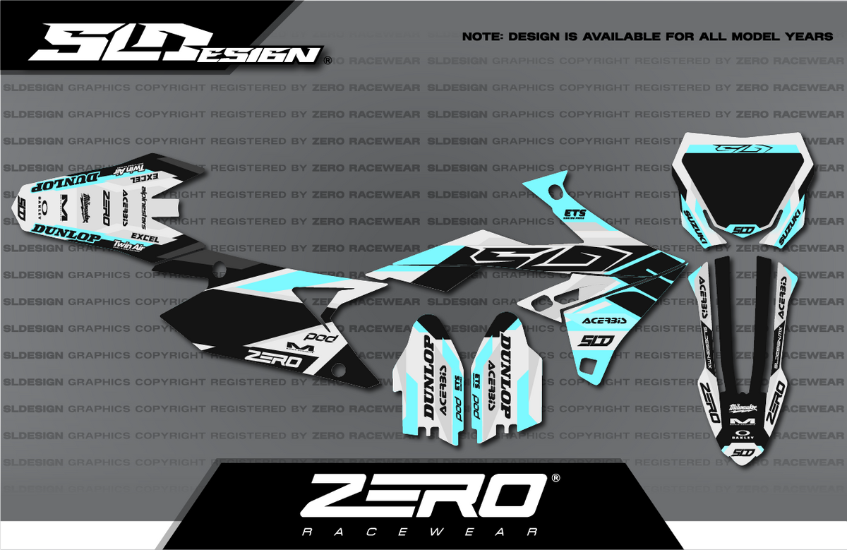 Suzuki RM/RM-Z Graphics Kit #10 – White/Light Blue/Black by SLDesigns