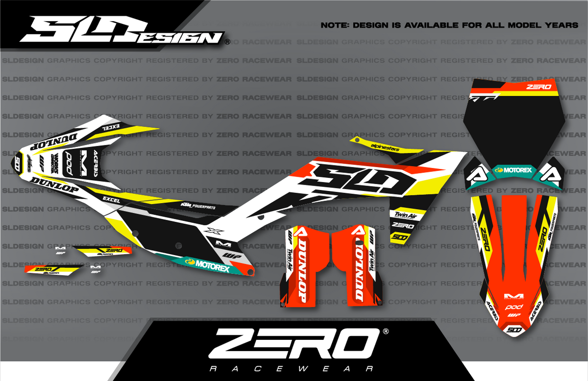 KTM SX/SX-F Graphics Kit #25 – White/Yellow/Orange by SLDesigns