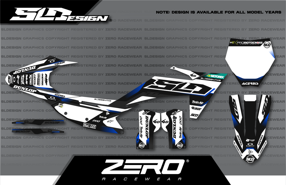 KTM SX/SX-F Graphics Kit #6 – White/Black/Blue by SLDesigns