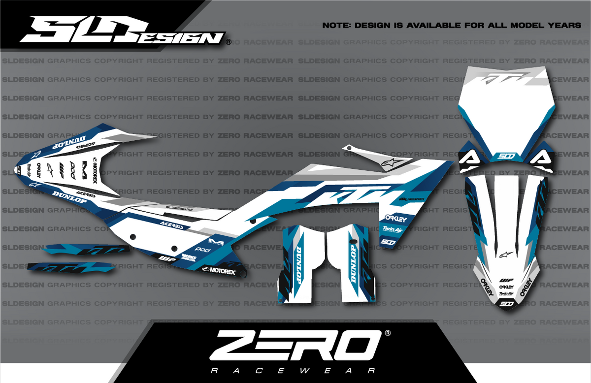 KTM SX/SX-F Graphics Kit #57 – White/Blue/Black by SLDesigns
