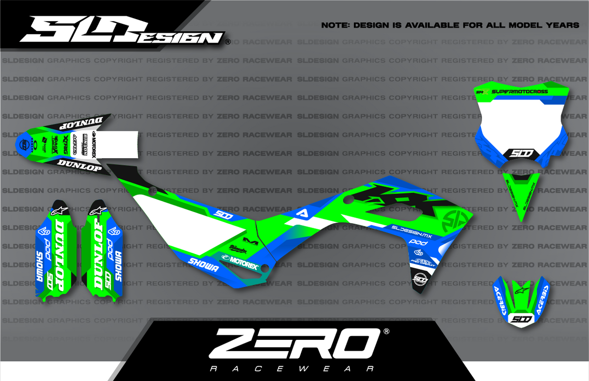 Kawasaki KX Graphics Kit #1 – Green/Blue/White by SLDesigns