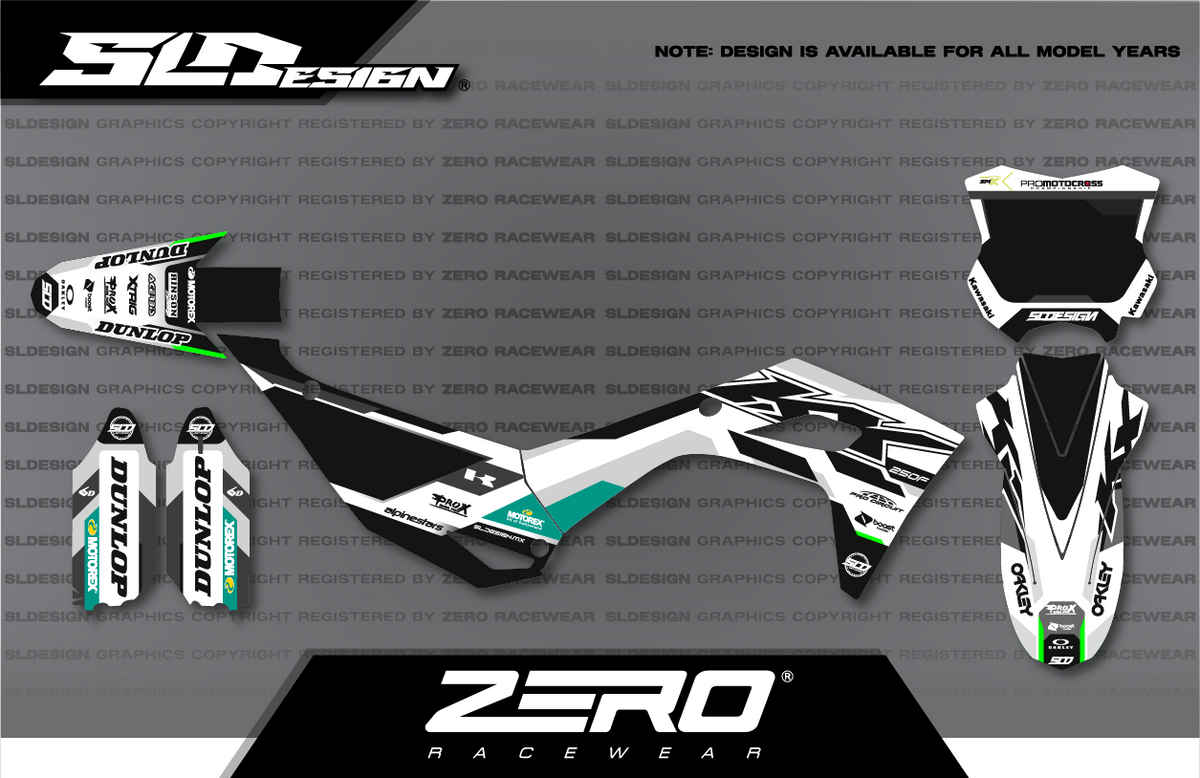 Kawasaki KX Graphics Kit #4 – White/Black/Teal by SLDesigns